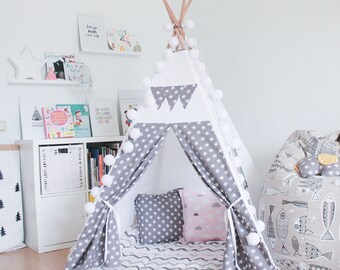 FREE SHIPPING teepee "Gray stars for girls", kids teepee play tent wigwam, children's teepee, playtent, wigwam, kids teepee, play teepee
