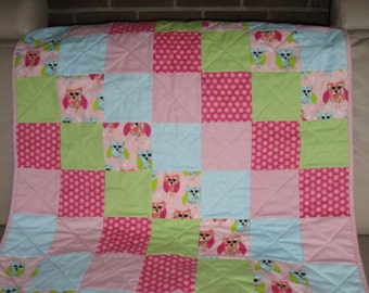 Flannel Baby Quilt - Pink Owl