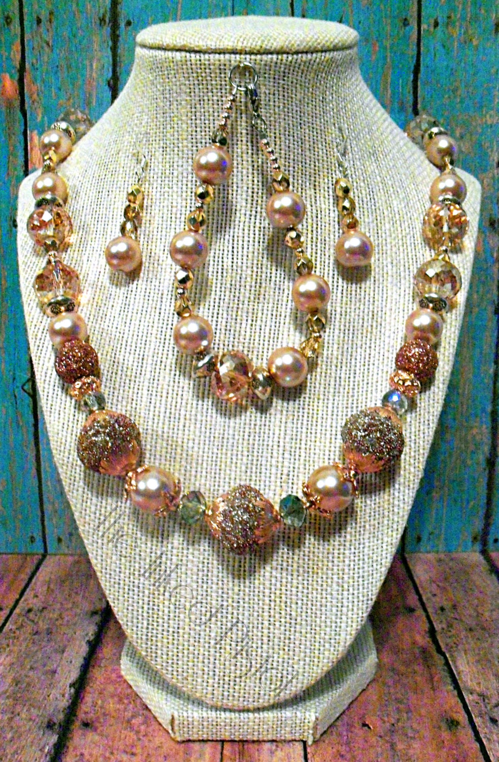 Gold Artisan Hand Beaded Necklace Bracelet Earrings Set