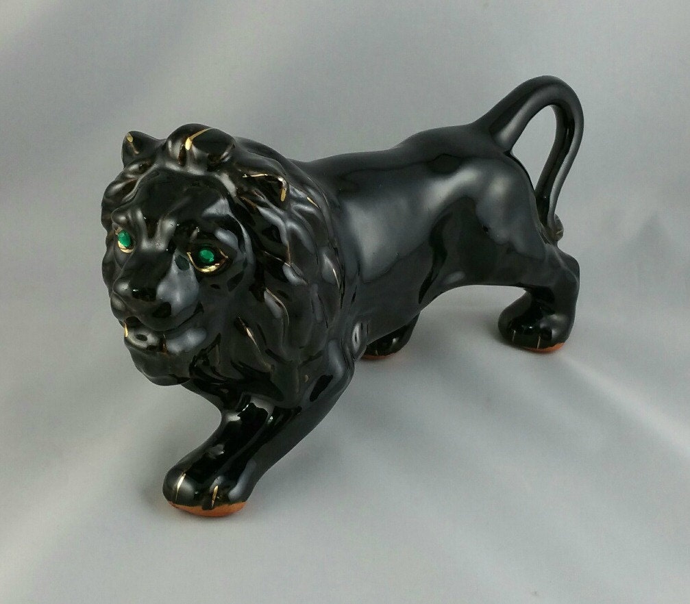 Vintage Ceramic Black Lion Figurine Ceramic Cat Figurine