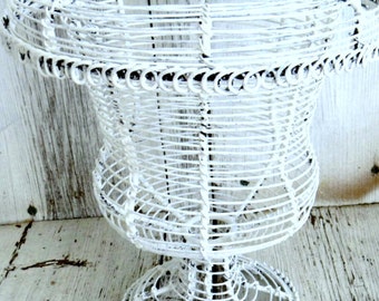 White wire basket, painted basket, footed basket, wire potpourri basket, rustic wire, shabby wire, urn style basket, small waste basket
