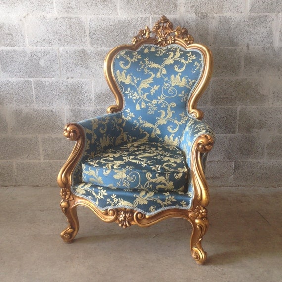 Baroque Chair Blue Damask Antique Italian by SittinPrettyByMyleen