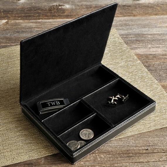 Personalized Deluxe Leather Valet Box Mens Accessory Storage