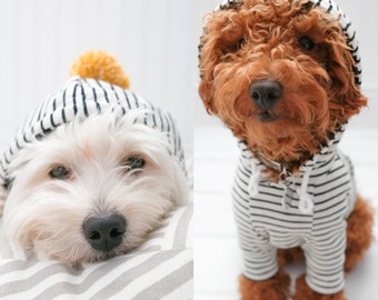 Dog Clothes, Off White Stripe Hoodie with Pom Pom and Pocket