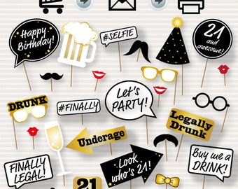 21st Birthday Party Printable Photo Booth Props - Glasses, Hats, Ties, Lips, Mustaches, Speech - INSTANT DOWNLOAD - Printable Birthday Props