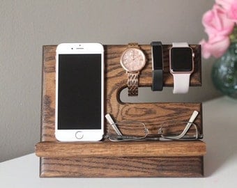Father's Day gift Personalized Oak Nightstand Valet | Wooden Phone Stand | Phone Charging Dock | Wood Docking Station |