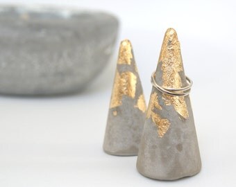 Handmade concrete and gold leaf ring cone, cement ring cone, concrete ring holder, gold leaf jewellery holder