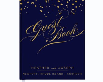 Gold Confetti Wedding Guest Book • Custom Guest Book • Navy and Gold Foil • Custom Calligraphy