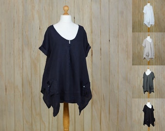 Lagenlook Plus Size UK 16 18 20 22 24 26 Tunic Top Style Italian Loose Heavy Linen Quirky Black Beige White Navy Blue New l xl xxl 8942