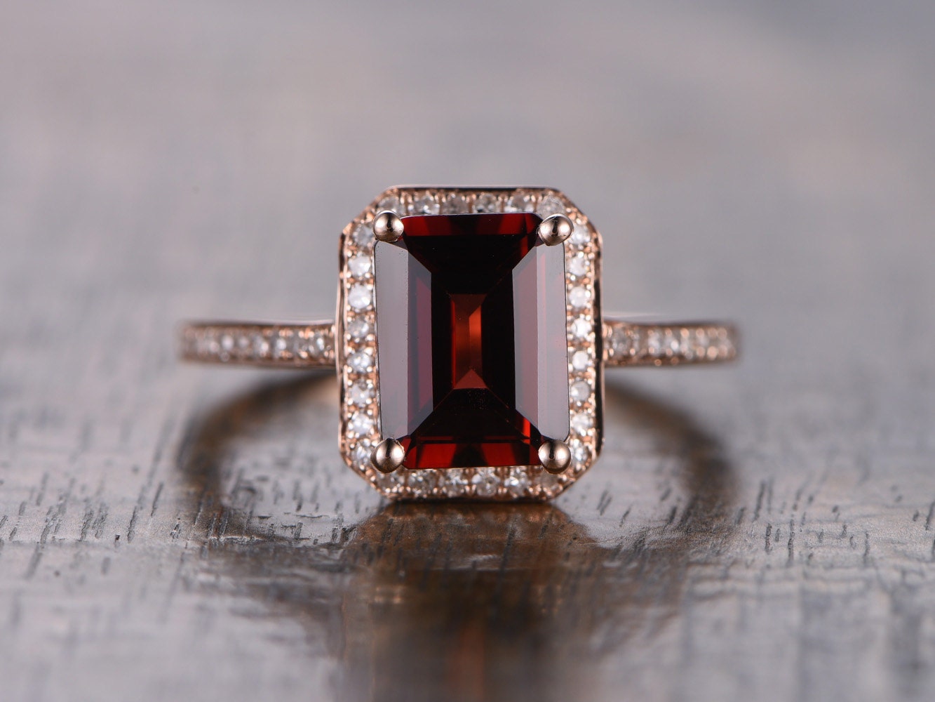 Emerald Cut Garnet Engagement Ring 14k Rose Gold Red Garnet
