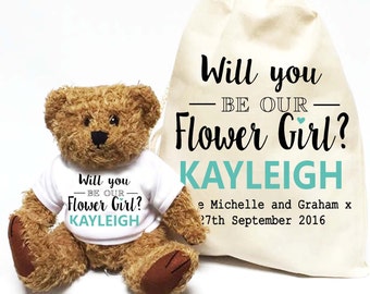 Will you be our Flower Girl? Personalised teddy bear gift | Wedding day favour gift.