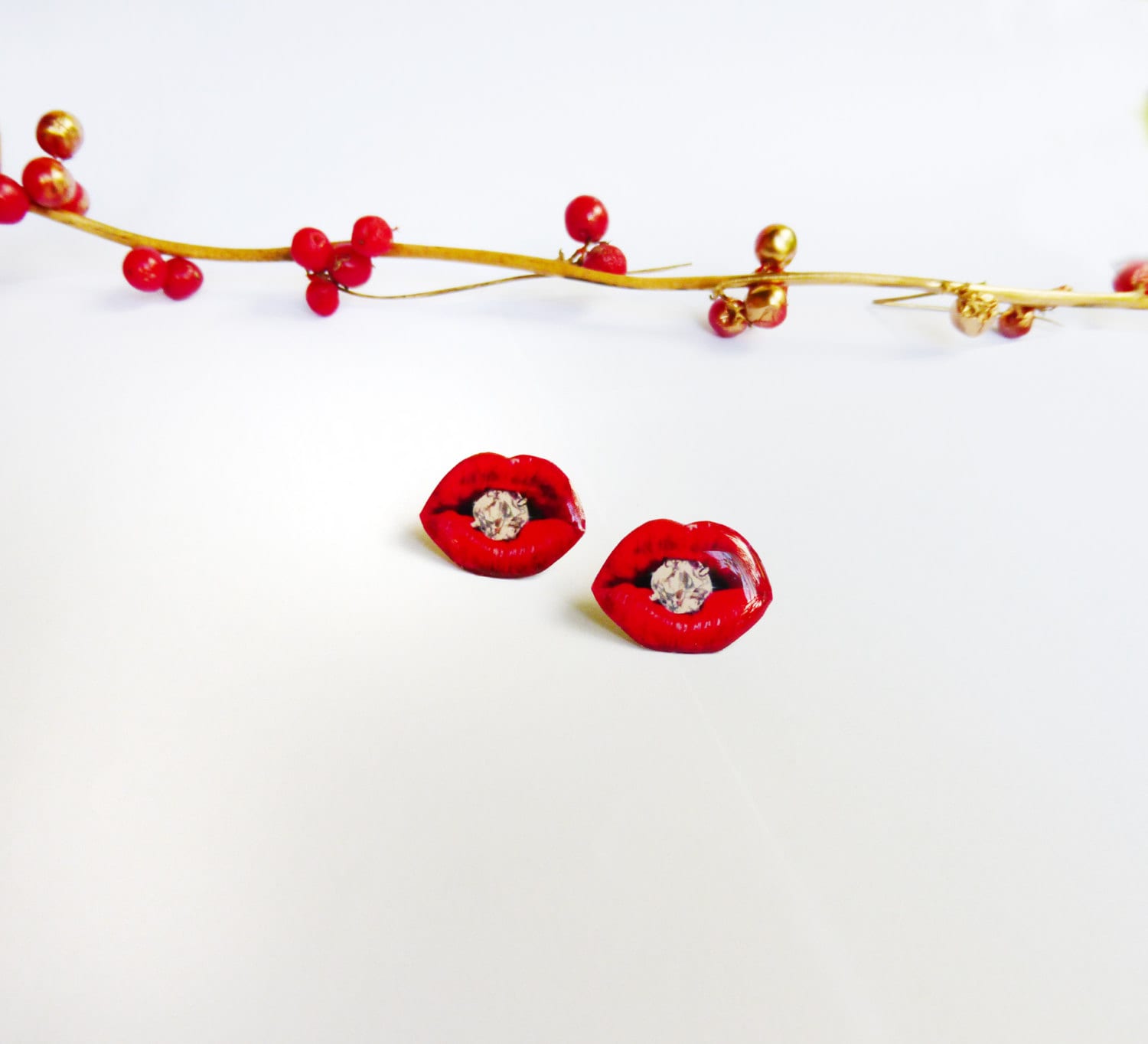 Lips with diamond earrings / red lips earrings / diamond