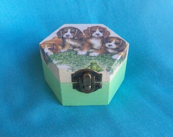Wooden jewelry box, Elegant gift, tooth fairy box, shabby chic, kids gift, sweet pets, dogs and butterfly home decoration, art box, handmade