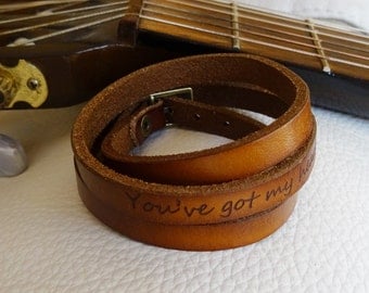 Personalized engraved leather wrap bracelet unisex to be customized with quote or love words