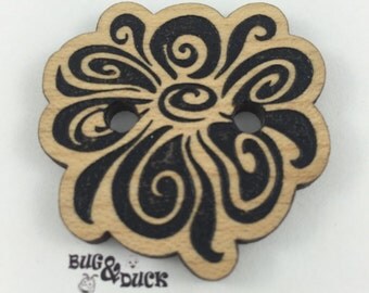 Flower wood button / Laser engraved / Various sizes / solid wood