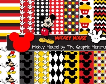 Mickey Mouse Scrapbook Paper, Digital Paper Mickey Mouse, Disney Scrapbook Paper, Mickey Mouse Digital Paper, Instant Download, Disney Paper