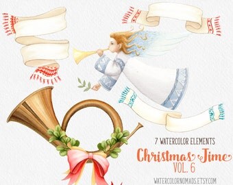 Christmas clipart, winter clipart, Angel clipart, digital clipart, Music Tube clipart, Scarf clipart, holiday clipart, watercolor banner
