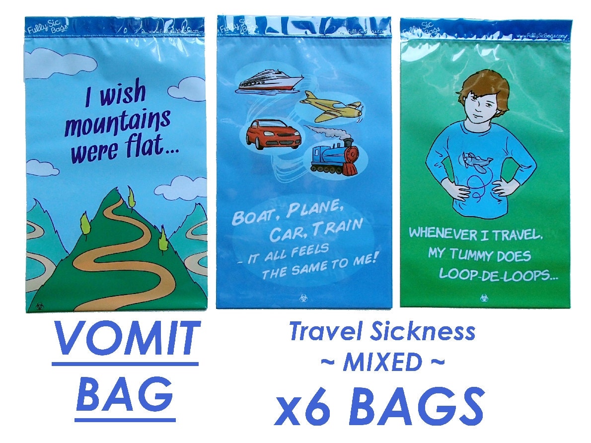 x6 MIXED Travel Sickness Vomit Bag Motion Nausea Novelty