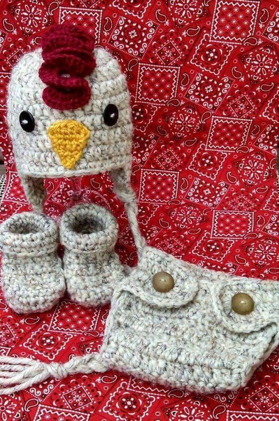 Items similar to Crochet chicken/rooster baby hat, diaper cover and ...
