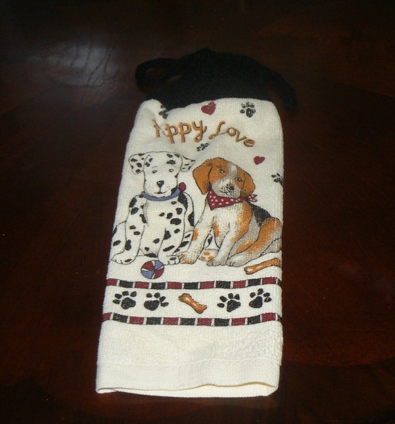 Puppy Love Dalmatian and Beagle Hanging Dish Towel With Hand Knit Topper and Ties