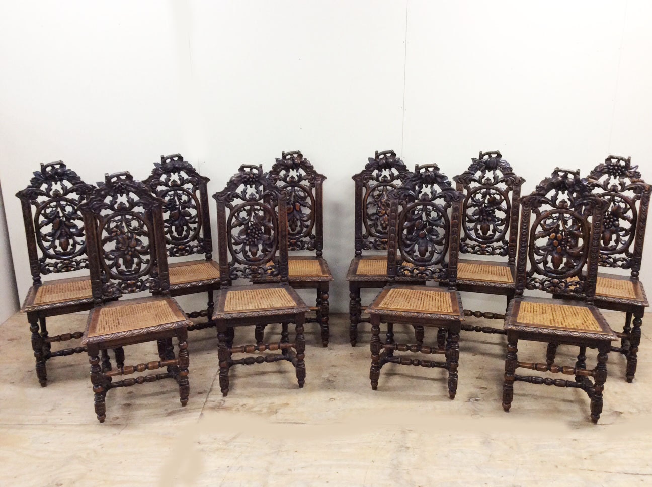 French Chairs Antique Black Forest Walnut Set of 10 Rare 5001 Haute