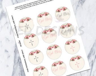 Printable-Christening-Baptism-Dedication-Cupcake Toppers-Personalize-God Bless-Digital-Vintage-Floral-Pink-Cross-Gray-Grey