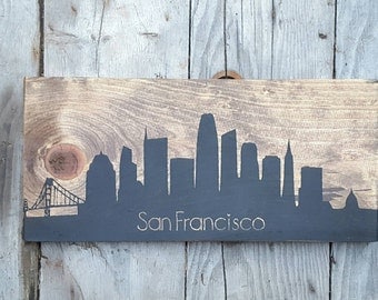 San Francisco city skyline, Handmade wood sign, Rustic wedding gift, Gift for couple, Wooden sign