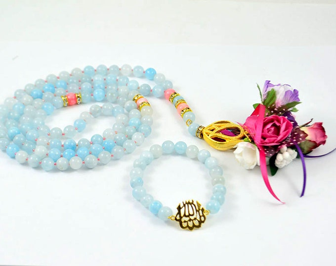 blue islamic rosary bracelet set, tasbeh, masbahah, rosary necklace, rose pedant tasbeh misbahah, subhah tespih islamic praying beads, eid