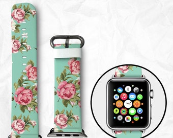 Floral Apple Watch Band for Series 1 Series 2, Leather Strap Wrist Band with Metal Clasp 38mm 42mm Adapter - Beautiful Rose