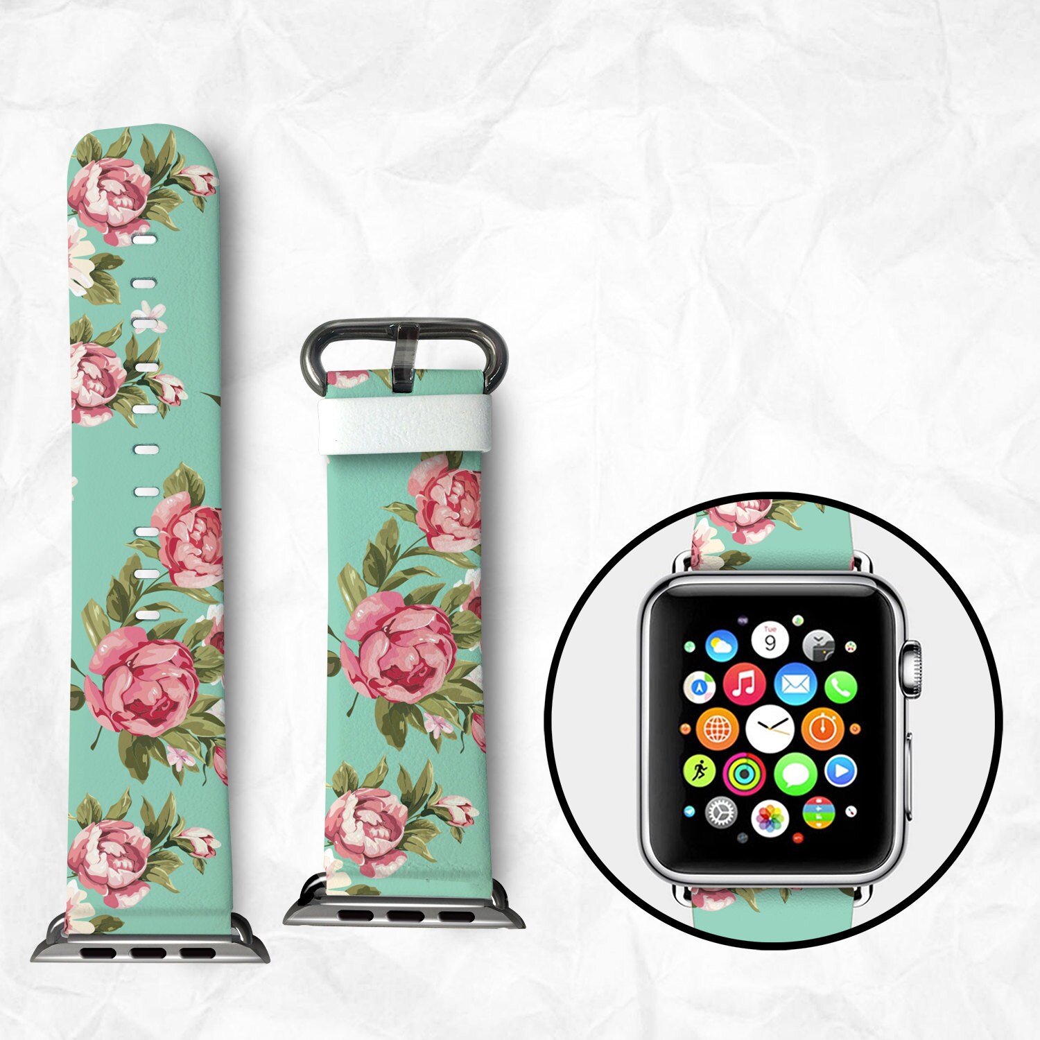 Floral Apple Watch Band for Series 1 Series 2 Leather Strap