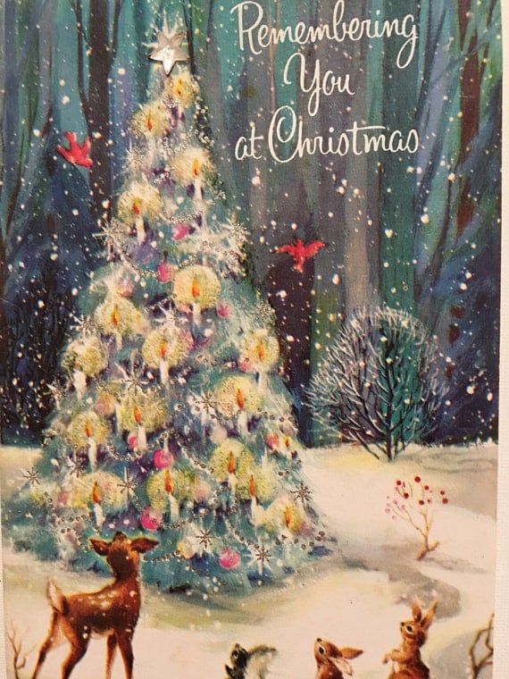 Vintage Christmas Card Glitter Card Lit Tree Forest