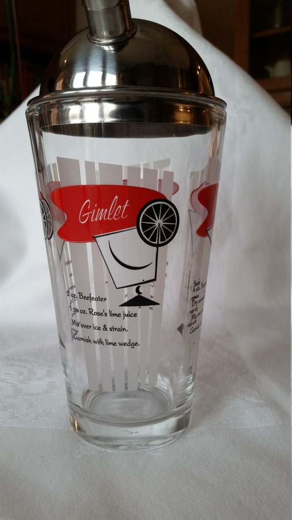 Libbey glass cocktail shaker printed with classic recipes