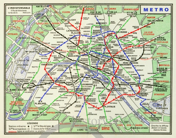 1960s Metro Subway Vintage Wall Map Paris France Mid Century