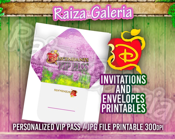 VIP Pass Invitation and Envelope Disney Descendants -We deliver your order in record time! less than 4 hour! BEST VALUE - Descendants Party