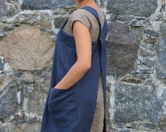 Linen Pinafore / Long pinafore dress / Linen Pinafore Apron / Japanese apron / Long apron / Linen tunic / cross back apron