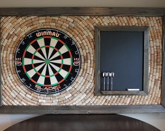 Made to Order - Wine Cork Dartboard Backer with Scoreboard and Dart Storage 49" x 29" | Game Room Décor | Salvaged Cork Dartboard Backer