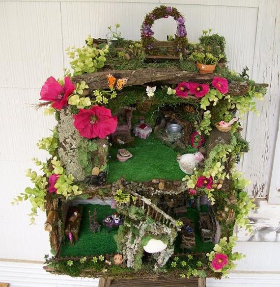 Willow Bloome Enchanted Woodland Tree Bark Fairy House Fully Furnished Handmade One of A Kind Sculpture VERY LARGE, NO Gnomes Allowed