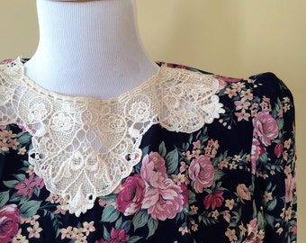 Vintage floral dress/ classic floral dress/ crochet floral dress/ 1980 dress floral/by Dorila Clothes