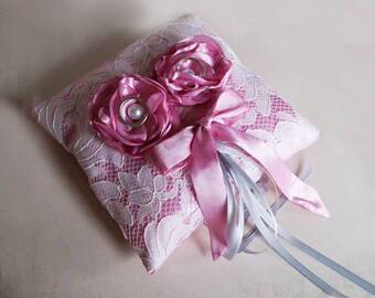 Pink ring pillow, pink taffeta ring holder, ring bearer, pink tie wedding pillow, ping wedding decor, pink & ecru Wedding Decoration