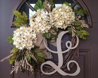 BEST SELLING Year Round Cream Hydrangea Wreath for Front Door - Grapevine Wreath with Burlap and Initial - Monogram Everyday Wreath