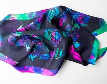 Silk Neckerchief, Hand painted Silk Scarf, Art Nouveau scarf, Floral bandana, Batik, small square scarf, Silk Anniversary, Free postage