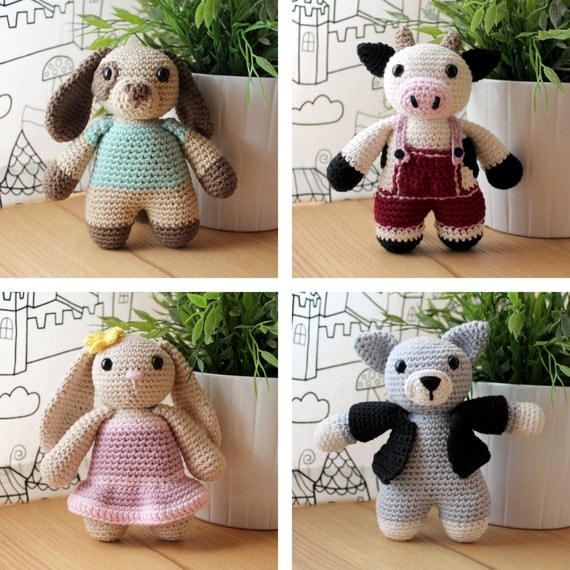 Animals: Dog, Cow, Rabbit & Cat. Amigurumi Pattern PDF.