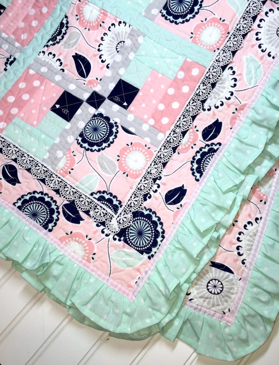 SALE Modern Lace BABY QUILT Ruffle Baby girl Quilt Lace