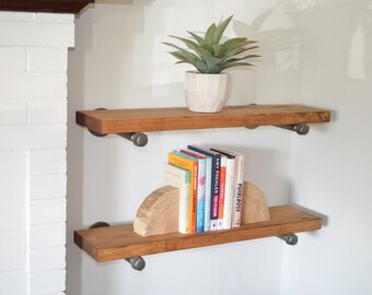 Industrial Floating Shelf, 8" Depth Floating Shelves w Pipe Support Brackets, Industrial Shelving, Book Shelf, Display Wood Plumbing Shelves