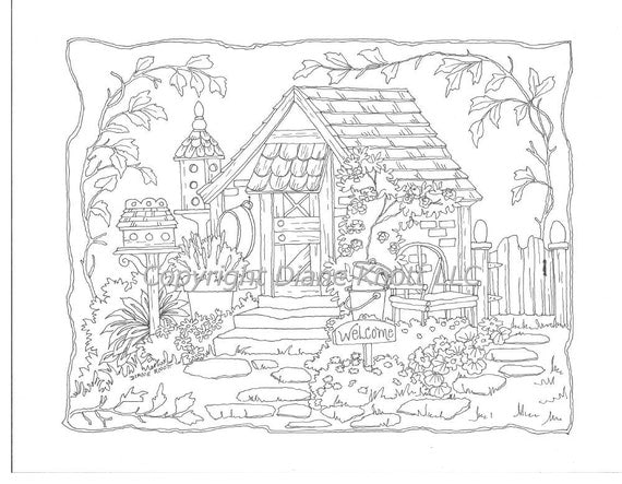 Coloring Page or Embroidery Pattern Garden Shed 1 Digital