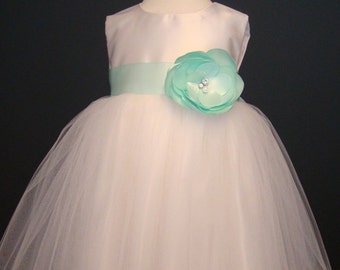 Mint flower girl dress, tulle dress, special occasion, white toddler dress, birthday dress, pageant dress, toddler party dress