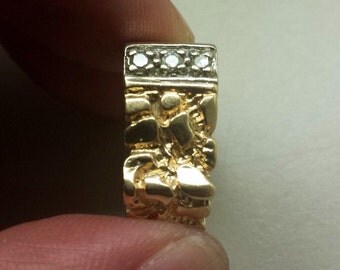 14K Yellow Gold Nugget Styled Men's Ring with Diamonds