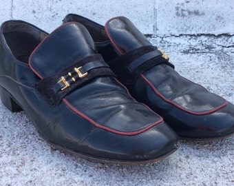 SPRING SALE Vintage Black Leather Buckle Loafers with Red & Suede Trim, 9D