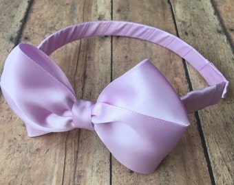 Lavender Satin Bow on Hard Headband, Large Purple Bow, Ribbon Wrapped Headband, Purple Big Girl Bow, Light Purple Headband