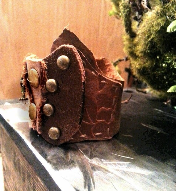 Steam Punk Bracelet, Rustic Gothic Cuff, Distressed Cuff, Light Brown Leather Bracelet, Bronze, Embossed Leather, Goth, Custom Orders by TradingPost814 steampunk buy now online